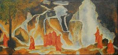 Buddhistische Mönche am Wasserfall